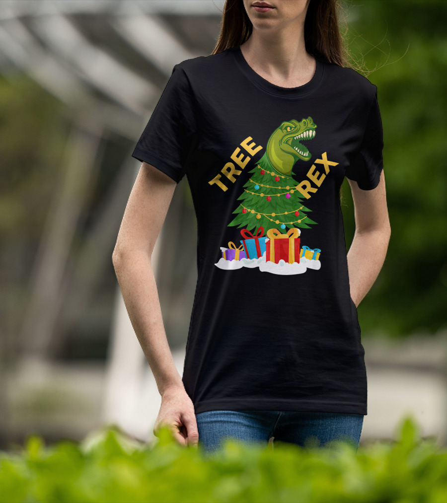 Tree Rex Christmas Dinosaur With Presents And Decorations T-Shirt
