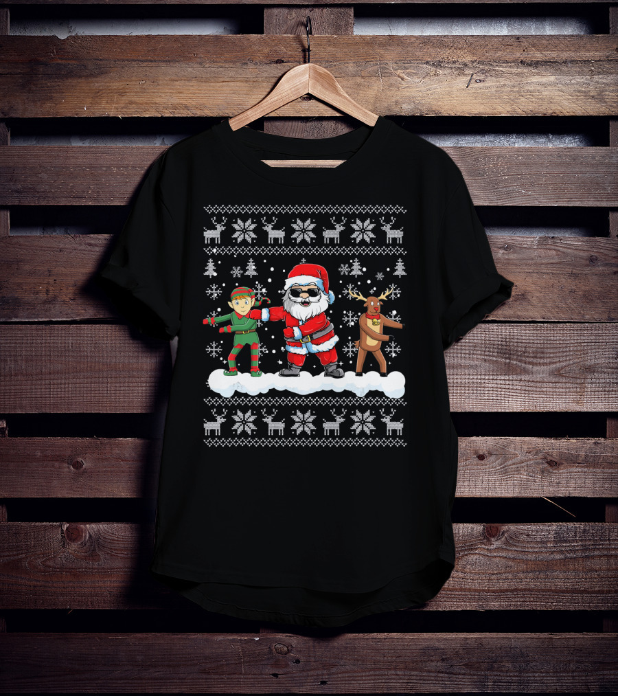Santa Floss ChristmasSanta Elf Reindeer Dance Snowflakes T-Shirt