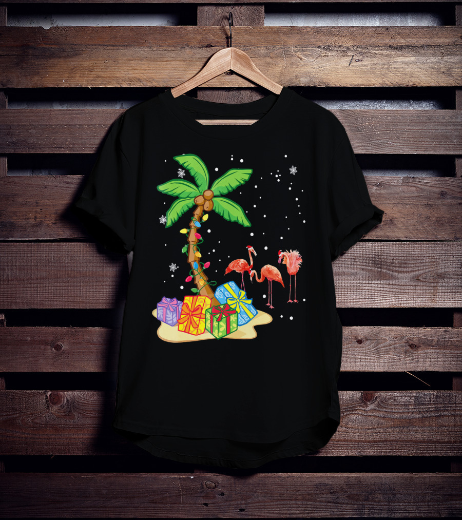 Flamingo Christmas Palm Tree Snow Presents T-Shirt