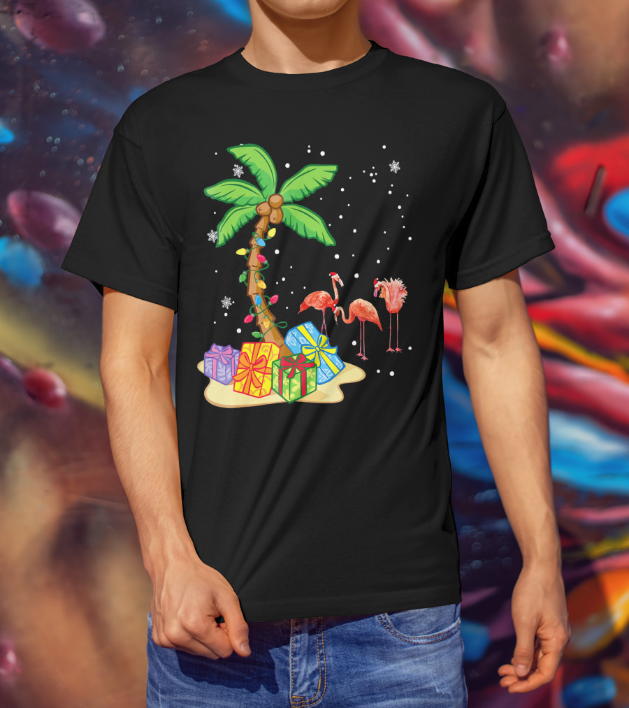 Flamingo Christmas Palm Tree Snow Presents T-Shirt
