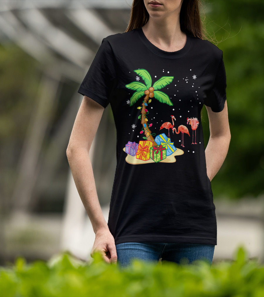 Flamingo Christmas Palm Tree Snow Presents T-Shirt