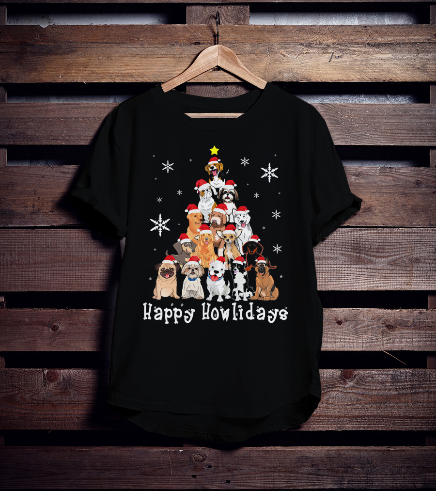 Happy Howlidays Dog Christmas Tree Santa Hat Puppies Snowflakes T-Shirt