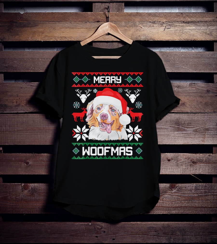 Merry Woofmas Australian Shepherd With Santa Hat And Christmas Motifs T-Shirt
