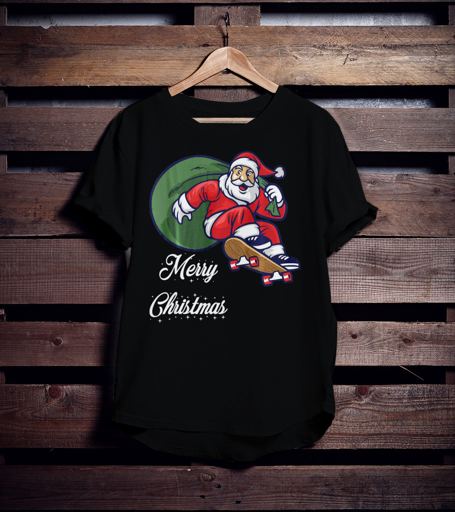 Merry Christmas Santa Claus Skating With Gift Sack T-Shirt