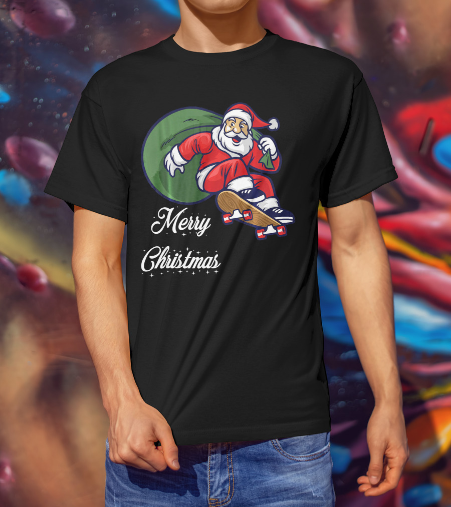 Merry Christmas Santa Claus Skating With Gift Sack T-Shirt