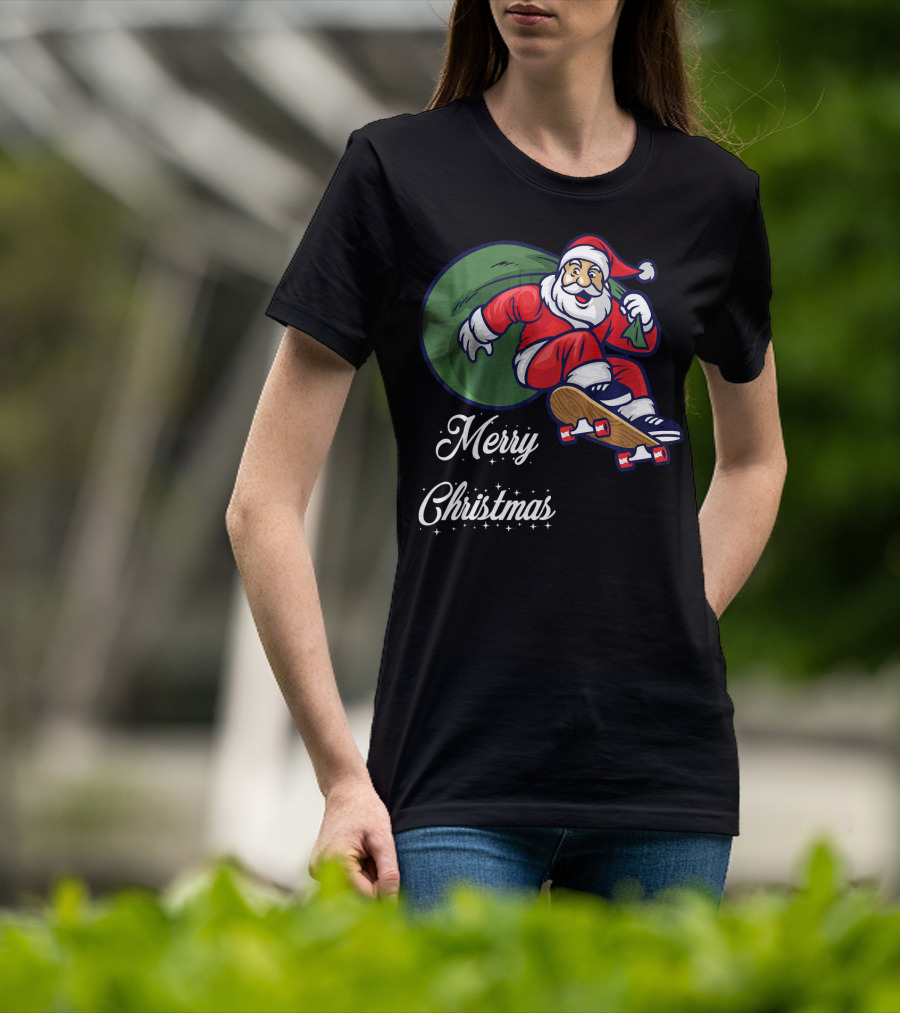 Merry Christmas Santa Claus Skating With Gift Sack T-Shirt