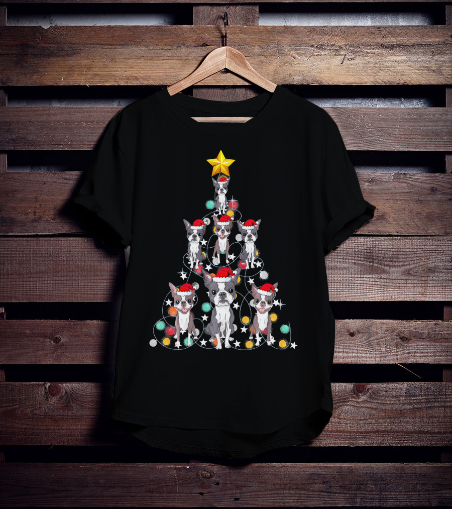 Santa Boston Terrier Christmas Tree Star Puppies T-Shirt