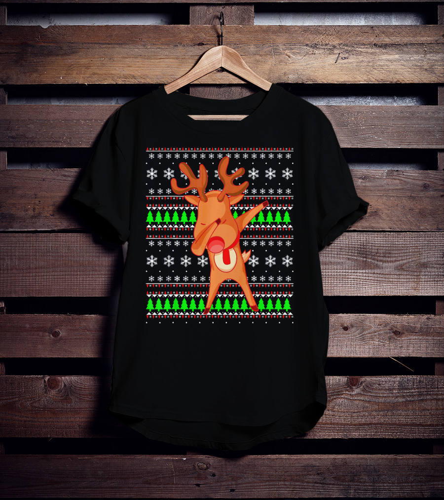 Dabbing Red Nose Reindeer Snowflakes Christmas Trees Ugly T-Shirt