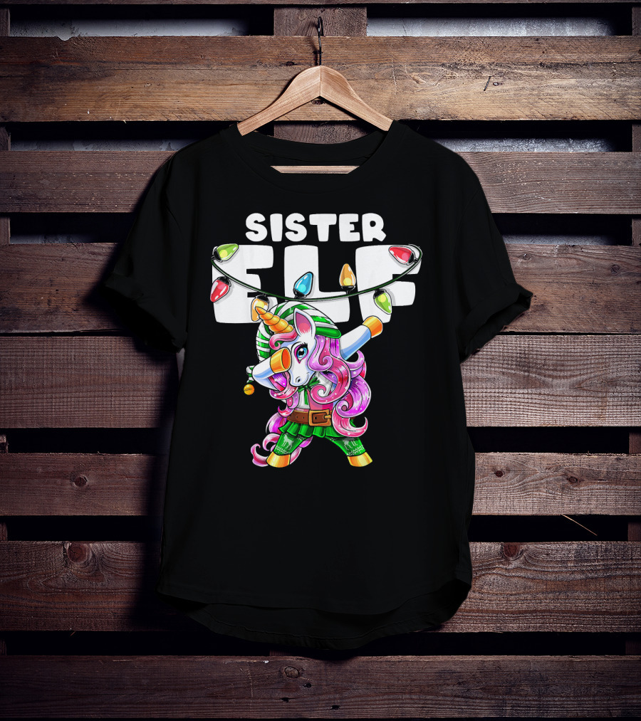 Sister Elf Christmas Dabbing Unicorn With Holiday Lights T-Shirt