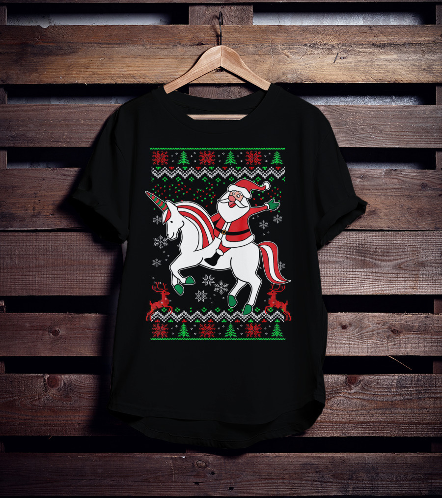 Santa Claus Riding Unicorn Christmas Sweater Pattern Holiday Magic T-Shirt