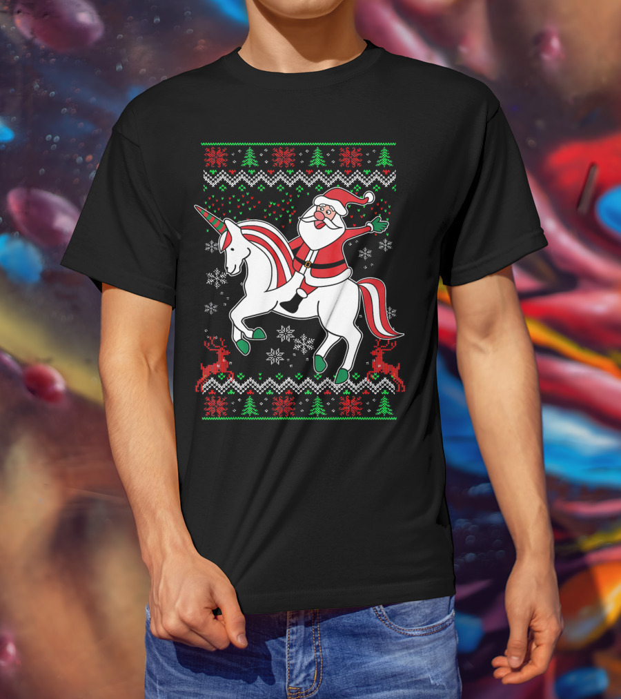 Santa Claus Riding Unicorn Christmas Sweater Pattern Holiday Magic T-Shirt