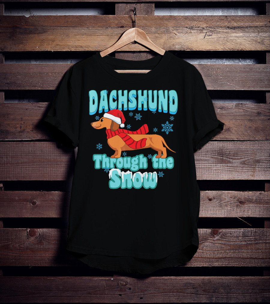 Dachshund Through The Snow Scarf And Santa Hat T-Shirt