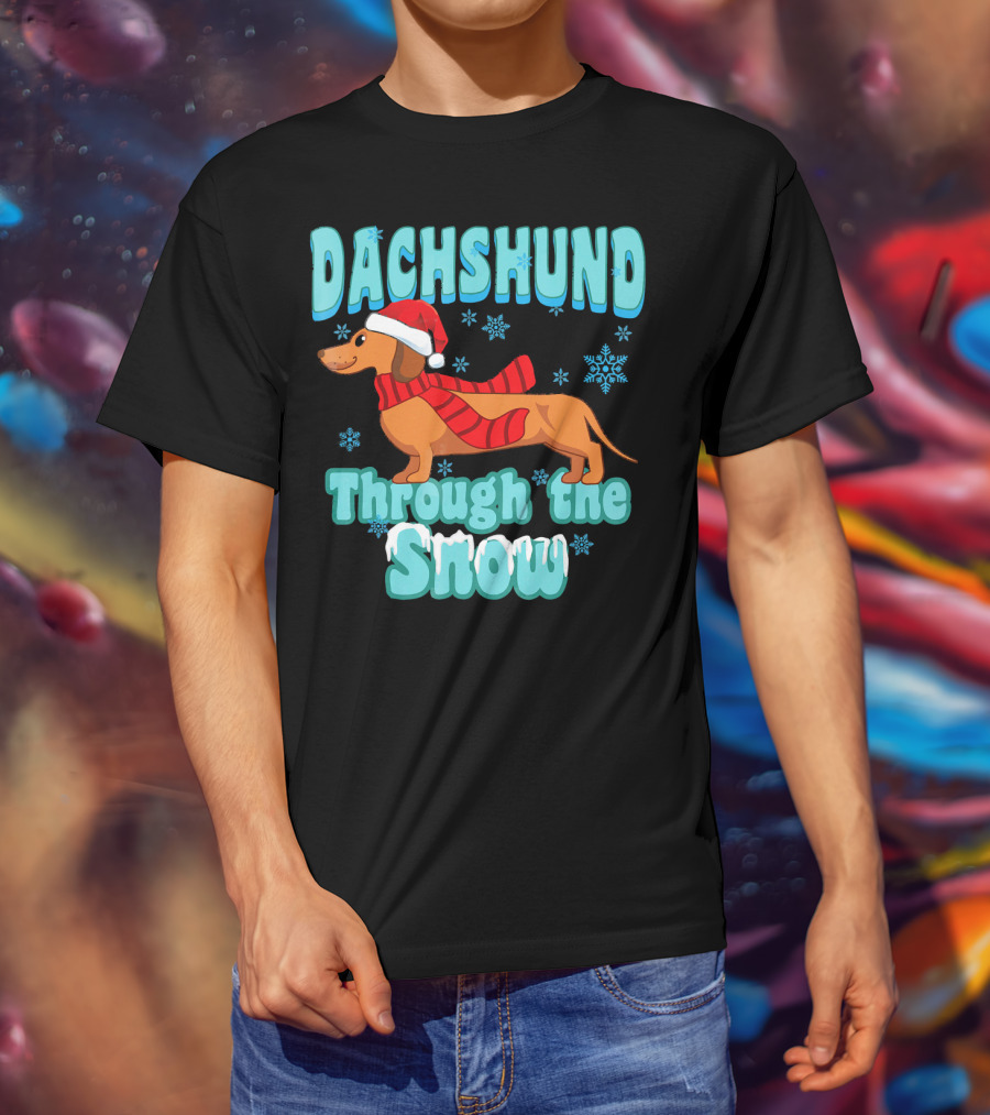 Dachshund Through The Snow Scarf And Santa Hat T-Shirt