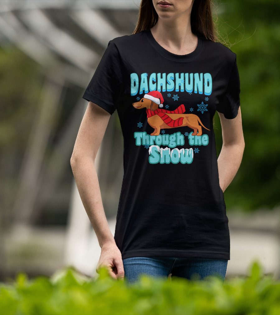 Dachshund Through The Snow Scarf And Santa Hat T-Shirt
