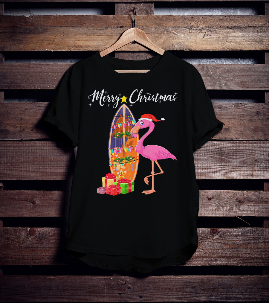 Merry Christmas Flamingo Surfboard Santa Hat Gifts T-Shirt