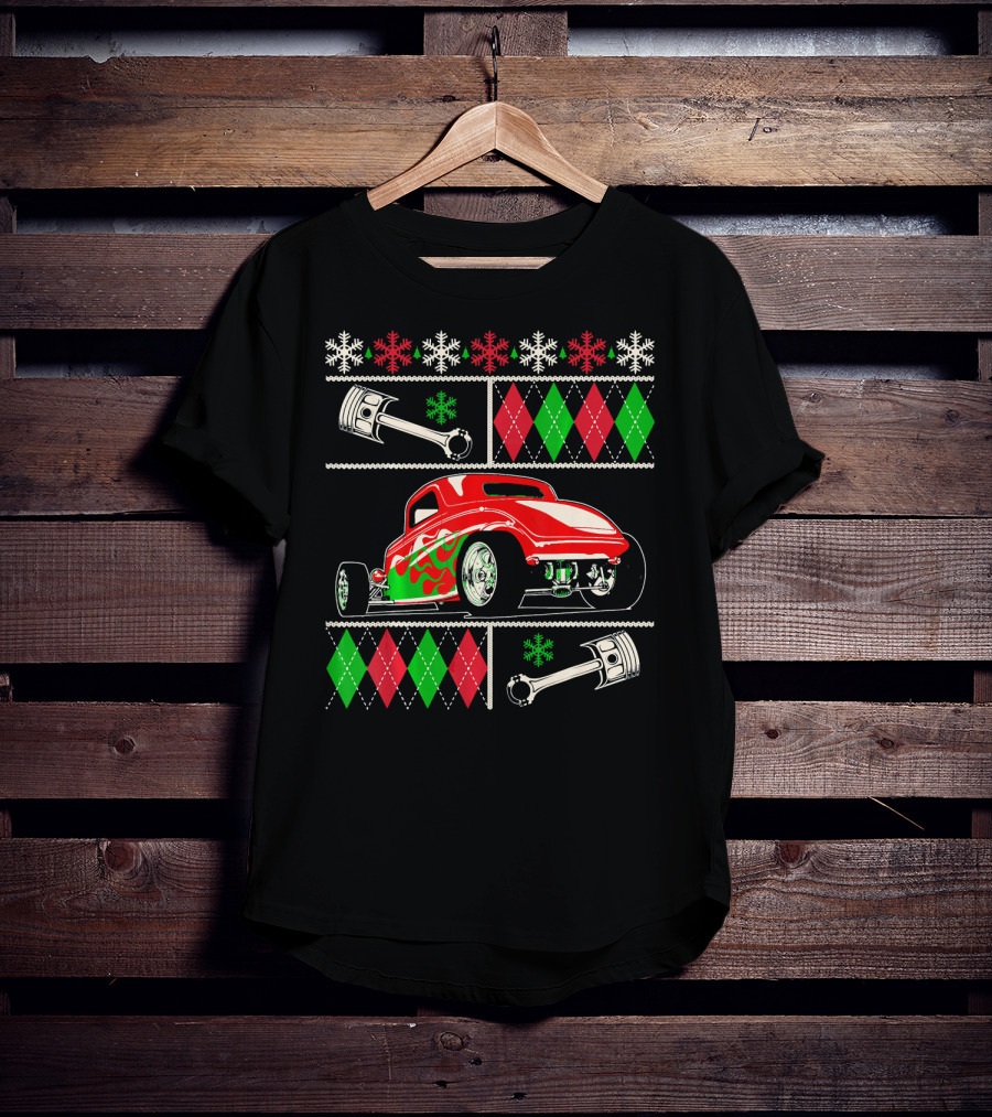 Hot Rod Christmas Ugly Sweater Red Green Car Snowflakes Argyle Pistons T-Shirt