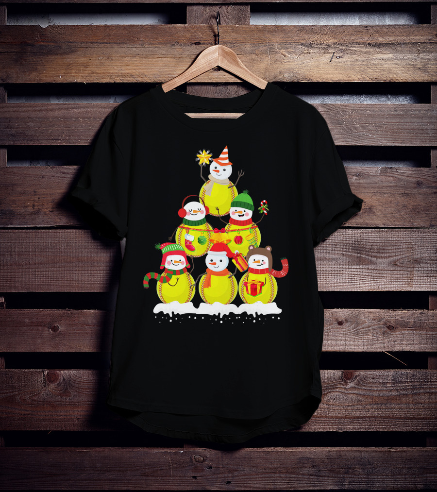 Softball Snowman Christmas Tree Holiday Scene T-Shirt