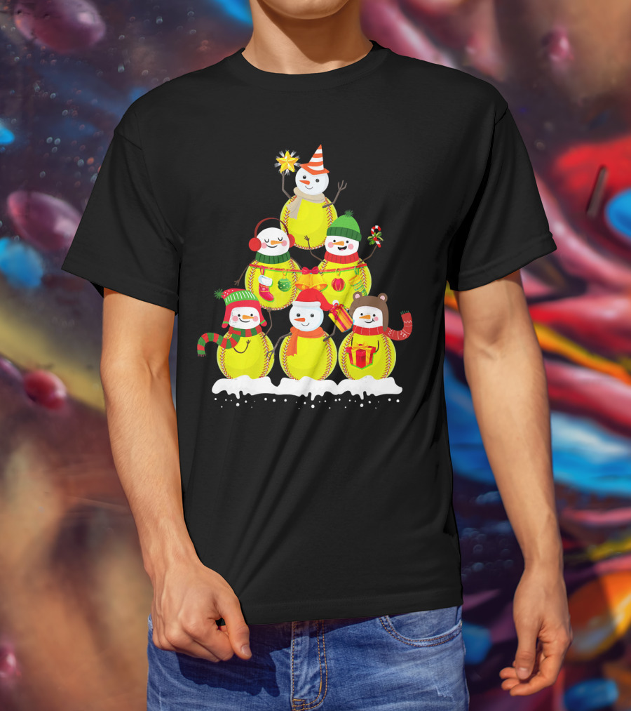 Softball Snowman Christmas Tree Holiday Scene T-Shirt