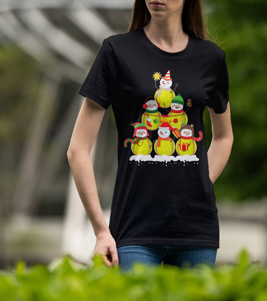 Softball Snowman Christmas Tree Holiday Scene T-Shirt