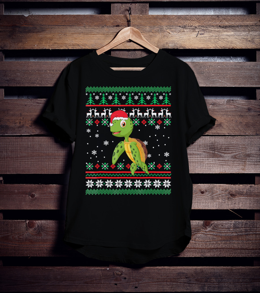 Sea Turtle With Santa Hat Christmas Sweater Pattern Snowflakes Reindeer Trees T-Shirt