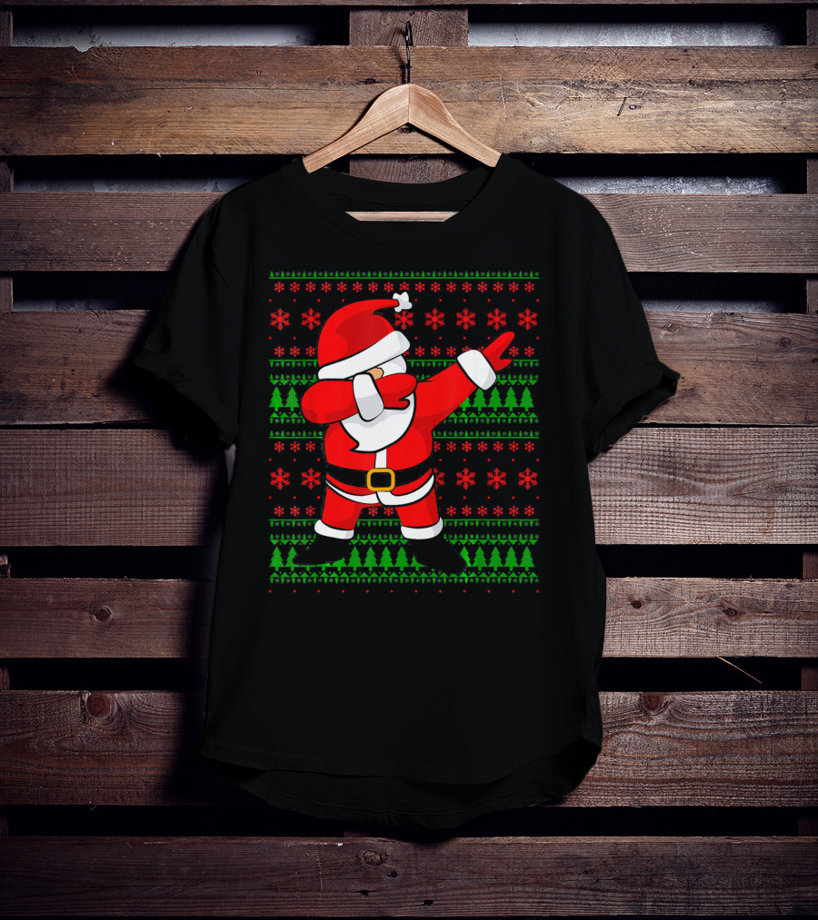 Santa Claus Dabbing Christmas Sweater Style Snowflakes Trees T-Shirt