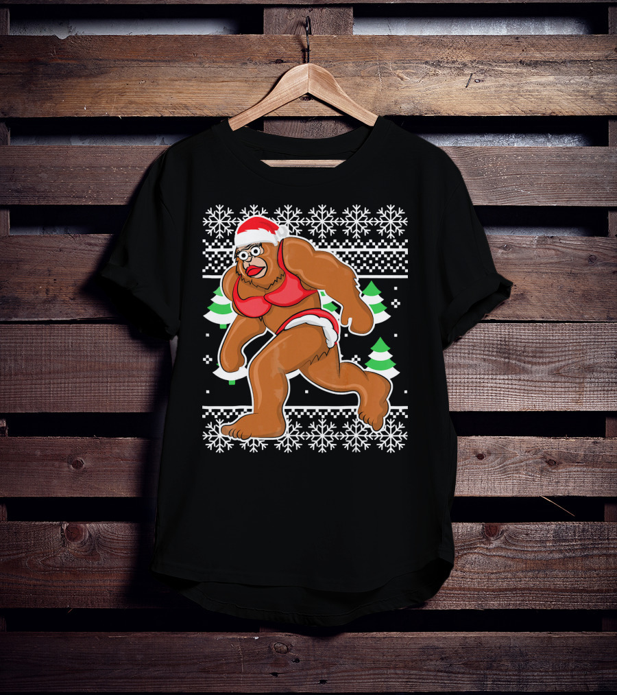 Bigfoot Bikini Ugly Christmas Sweater Santa Hat Snowflakes Holiday Party T-Shirt