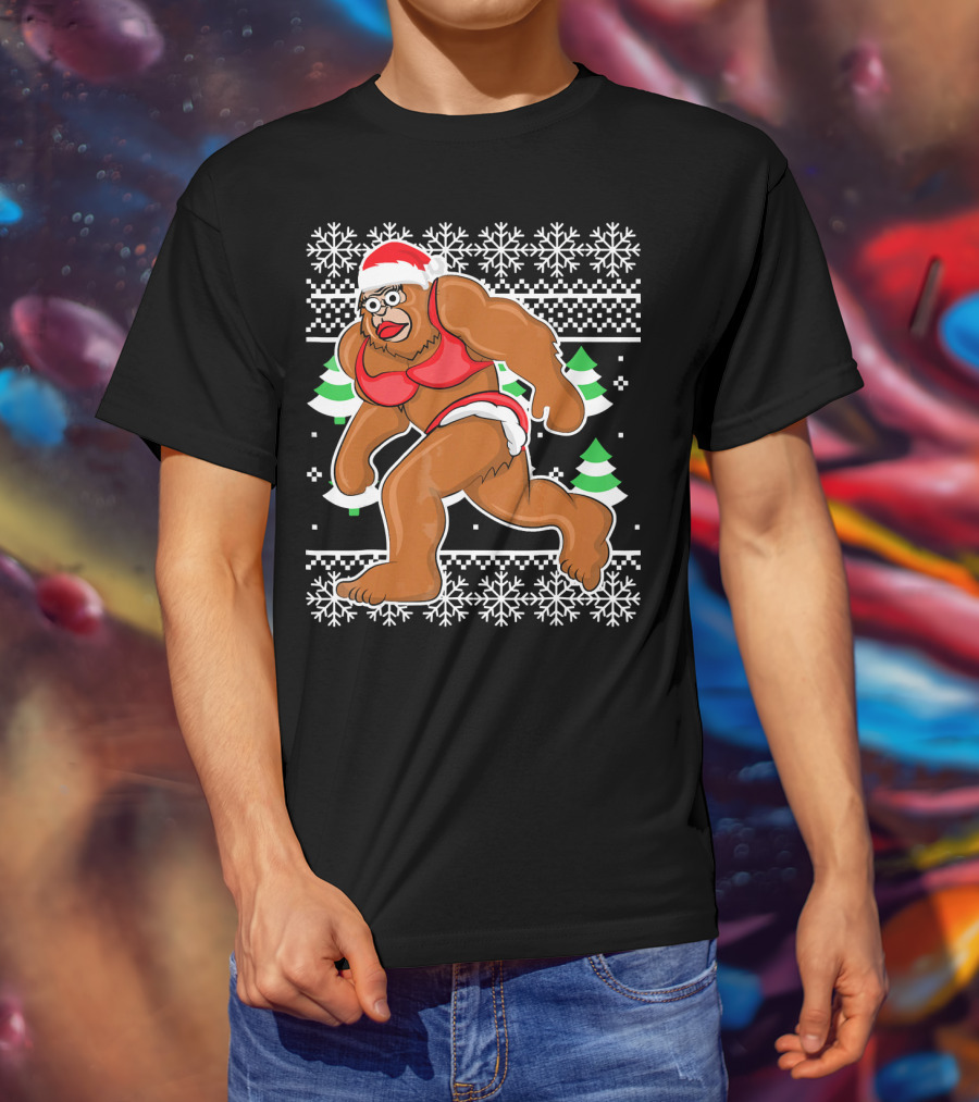 Bigfoot Bikini Ugly Christmas Sweater Santa Hat Snowflakes Holiday Party T-Shirt