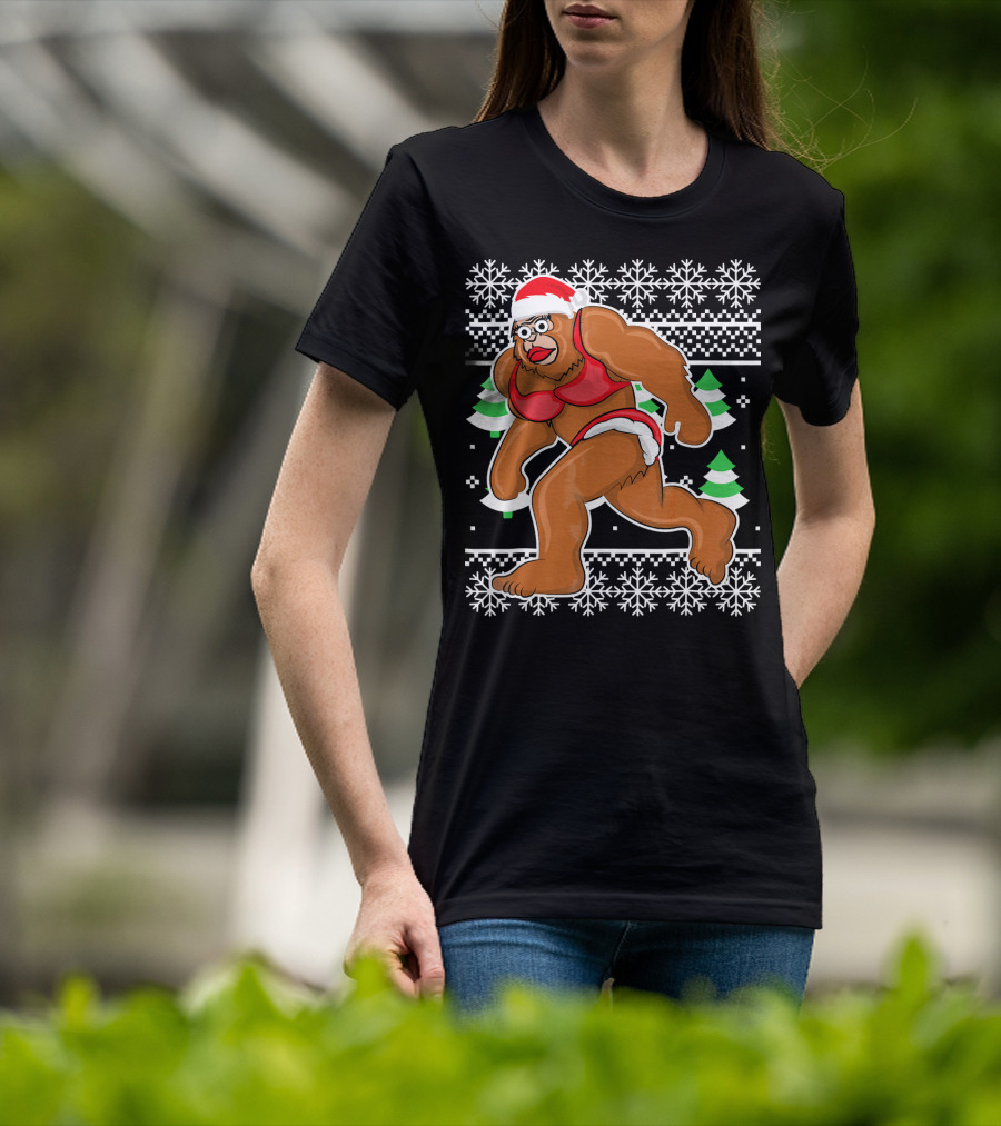 Bigfoot Bikini Ugly Christmas Sweater Santa Hat Snowflakes Holiday Party T-Shirt