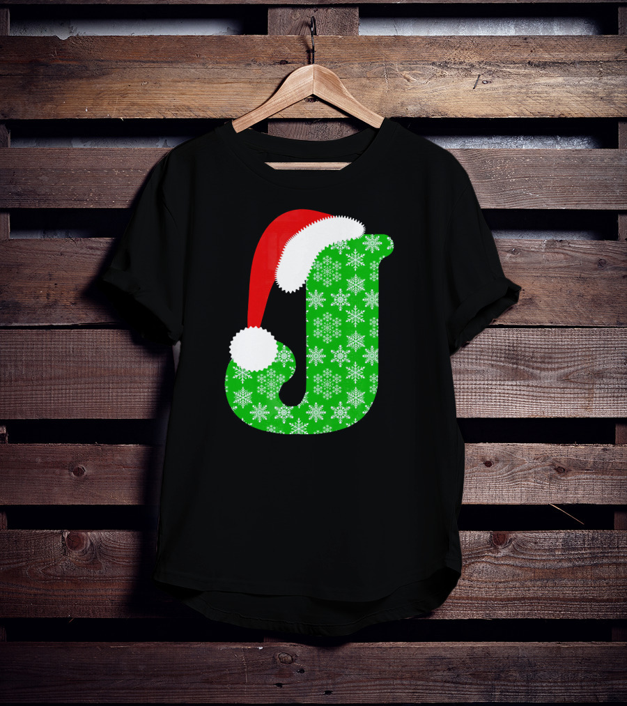 Santa Hat Green Snowflake Monogram Letter J Christmas T-Shirt