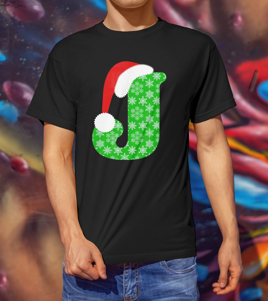 Santa Hat Green Snowflake Monogram Letter J Christmas T-Shirt