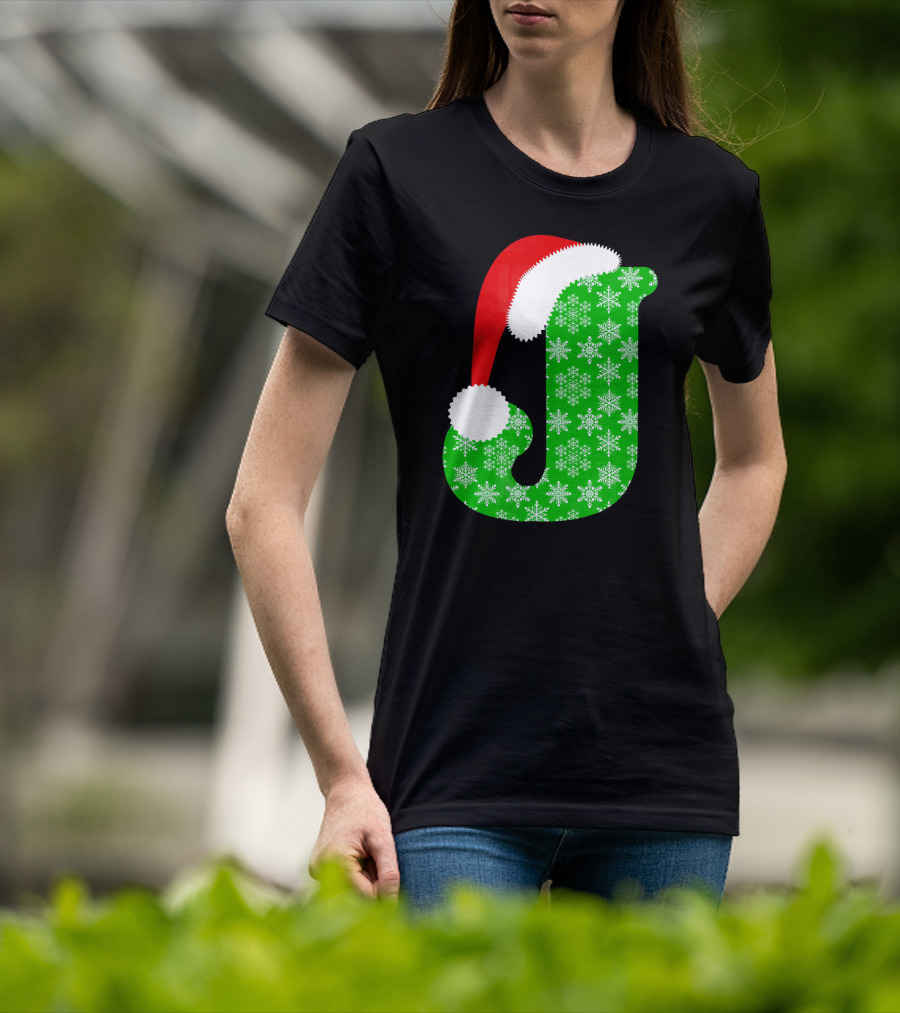 Santa Hat Green Snowflake Monogram Letter J Christmas T-Shirt