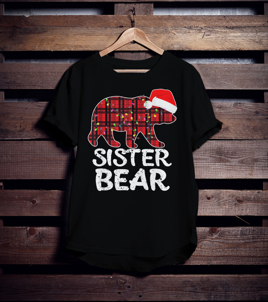 Sister Bear Red Plaid Christmas Paj With Santa Hat And Lights T-Shirt