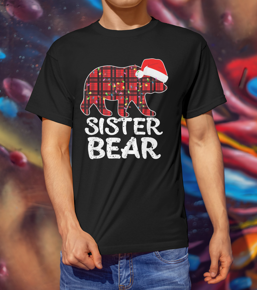 Sister Bear Red Plaid Christmas Paj With Santa Hat And Lights T-Shirt