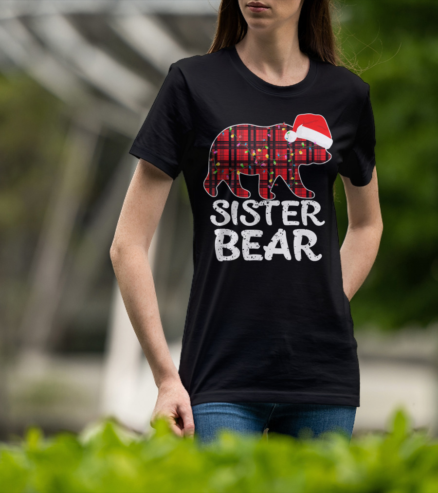 Sister Bear Red Plaid Christmas Paj With Santa Hat And Lights T-Shirt