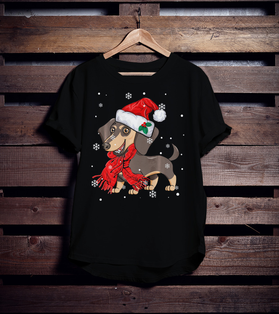 Dachshund Wearing Santa Hat And Red Scarf With Snowflakes T-Shirt