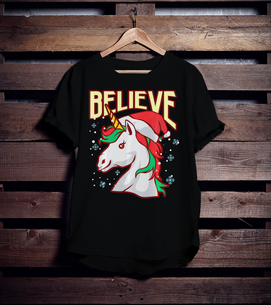 Believe The Unicorn Santa Hat Snowflakes T-Shirt