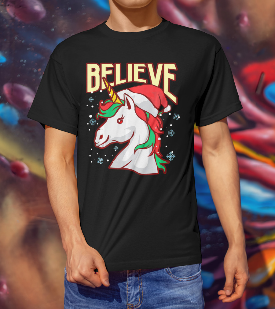 Believe The Unicorn Santa Hat Snowflakes T-Shirt
