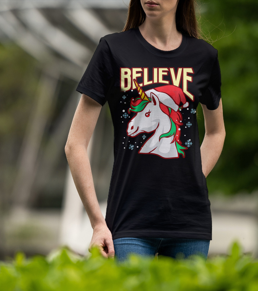 Believe The Unicorn Santa Hat Snowflakes T-Shirt