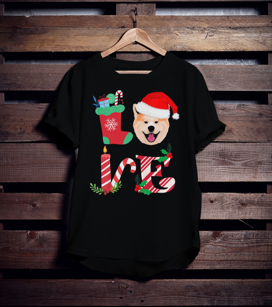 I Love My Akita Christmas Love With Santa Hat And Holiday Decorations T-Shirt