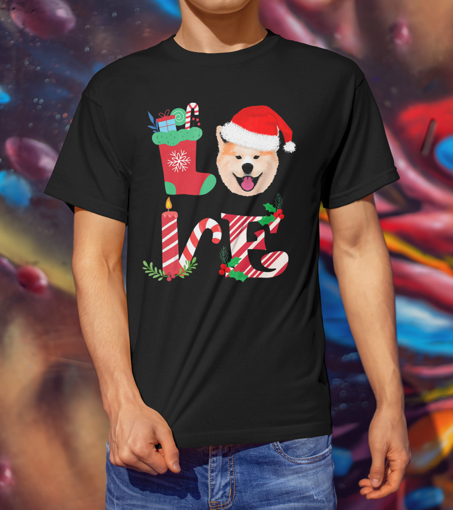I Love My Akita Christmas Love With Santa Hat And Holiday Decorations T-Shirt