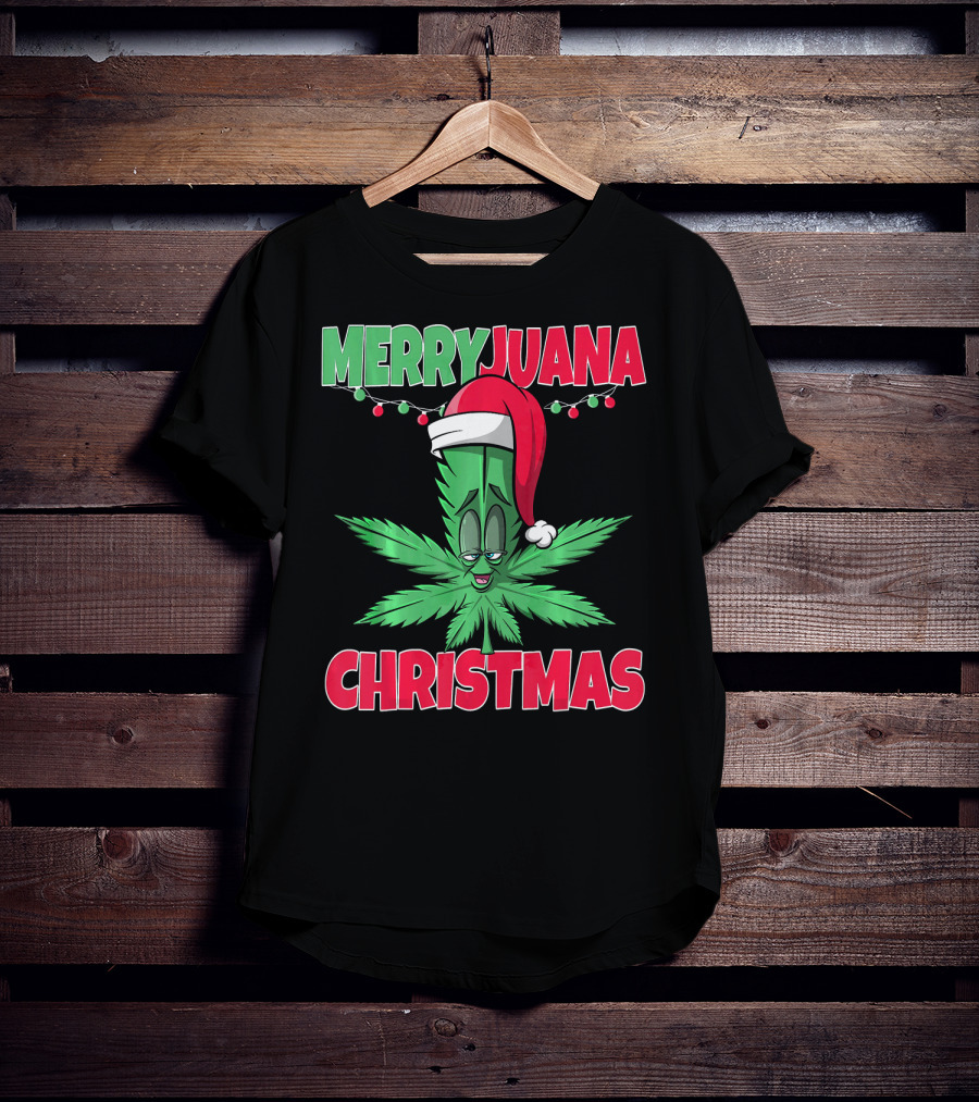 Merryjuana Christmas Funny Santa Hat Marijuana Leaf T-Shirt