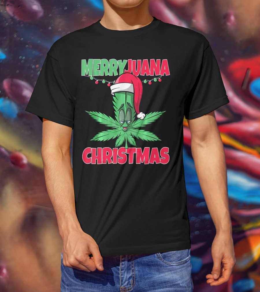 Merryjuana Christmas Funny Santa Hat Marijuana Leaf T-Shirt