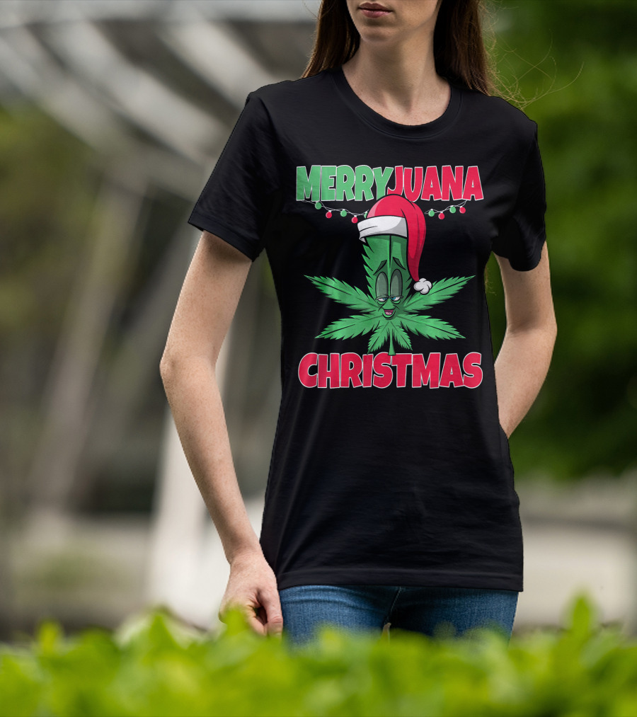 Merryjuana Christmas Funny Santa Hat Marijuana Leaf T-Shirt