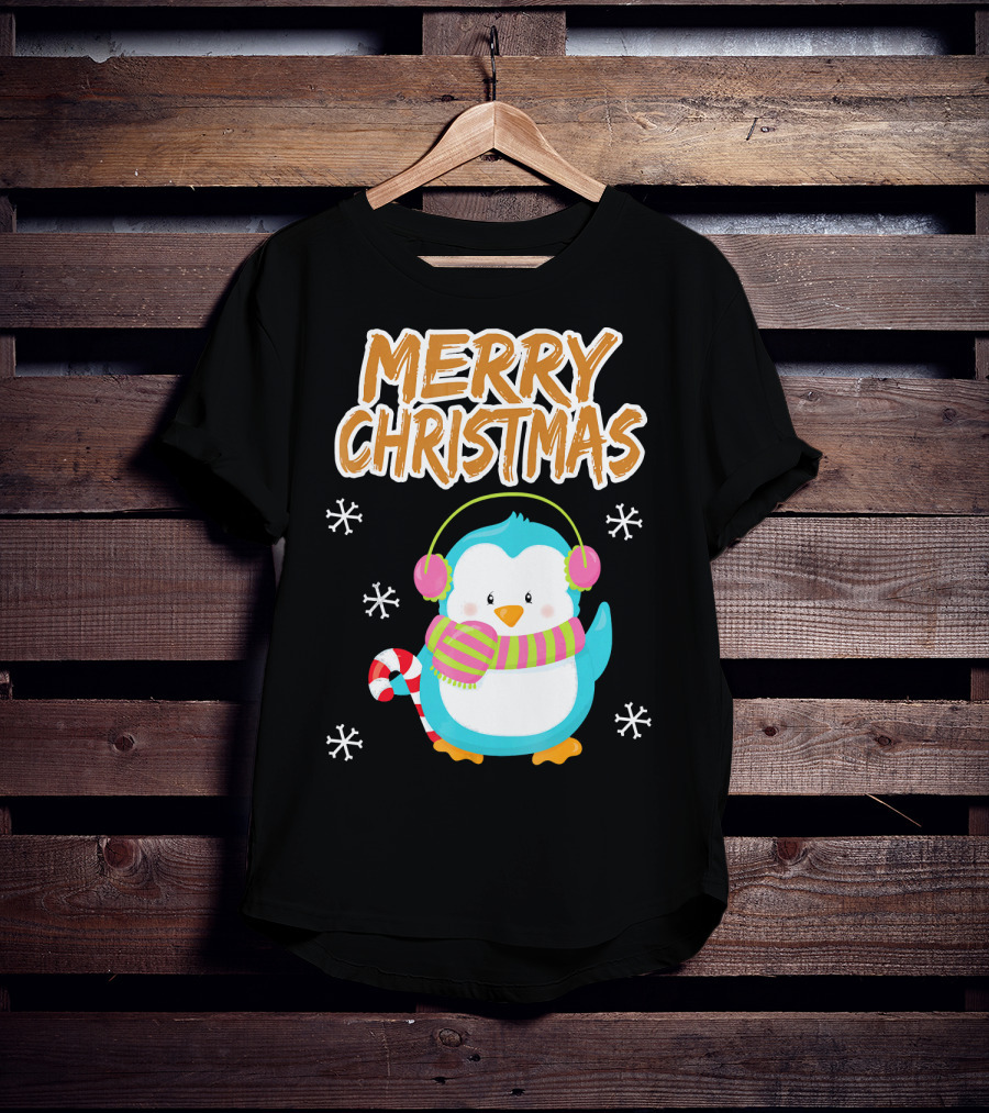 Merry Christmas Penguin With Candy Cane And Snowflakes T-Shirt