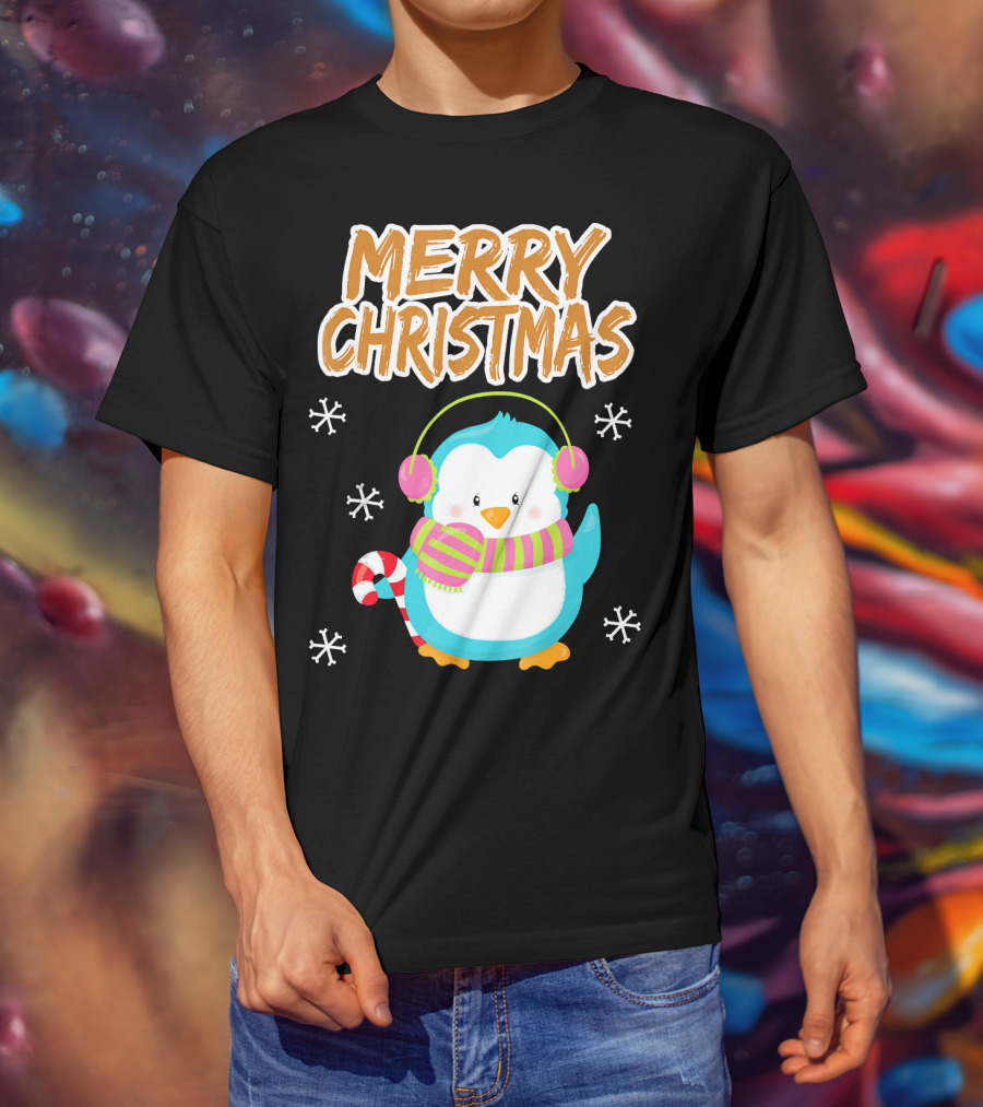 Merry Christmas Penguin With Candy Cane And Snowflakes T-Shirt