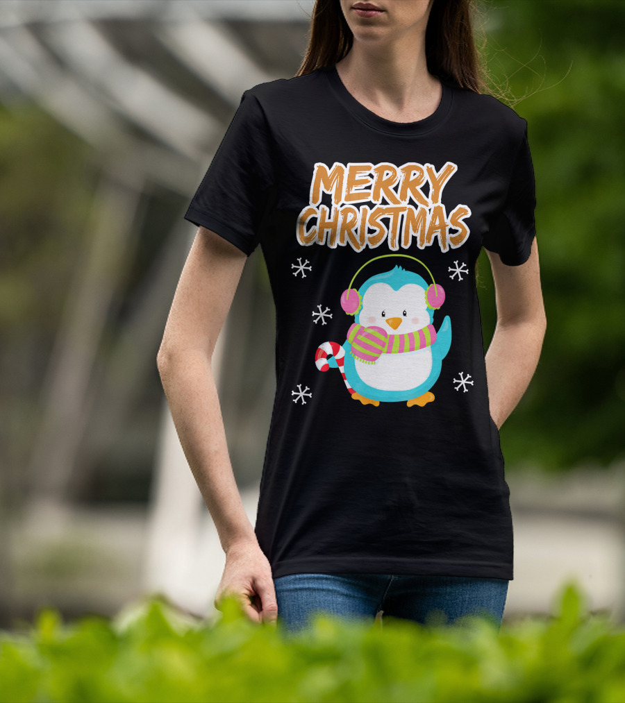 Merry Christmas Penguin With Candy Cane And Snowflakes T-Shirt