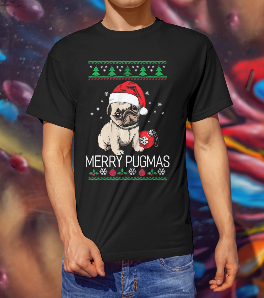 Merry Pugmas Santa Pug With Christmas Trees And Ornaments T-Shirt