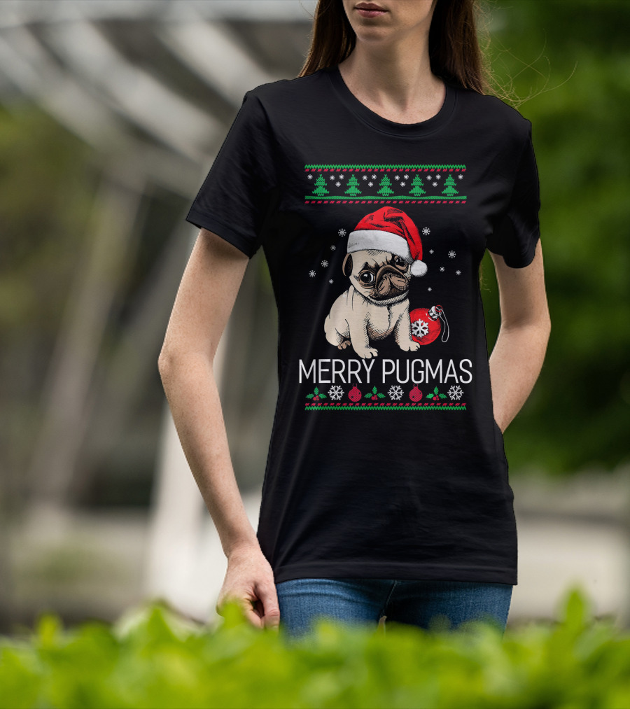 Merry Pugmas Santa Pug With Christmas Trees And Ornaments T-Shirt
