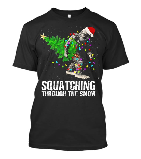 Squatching Through The Snow Bigfoot Christmas Lights Santa Hat T-Shirt