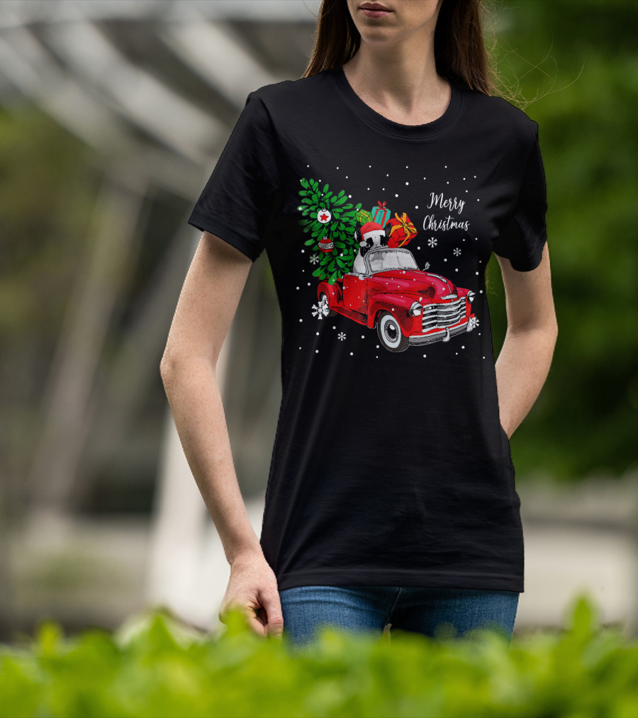 Merry Christmas Santa Boston Terrier Red Truck Snowflakes T-Shirt